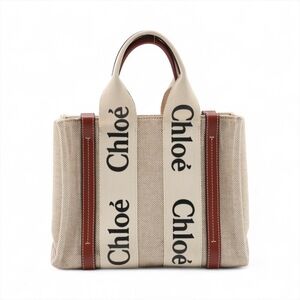 Chloe Woody Canvas Leather Handbag Beige Tan Brown